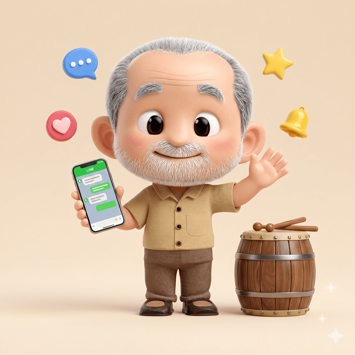 ผู้ใหญ่ลีถือมือถือพร้อมกลองและข้อความแจ้งเตือนผ่าน LINE